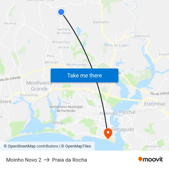Moinho Novo 2 to Praia da Rocha map