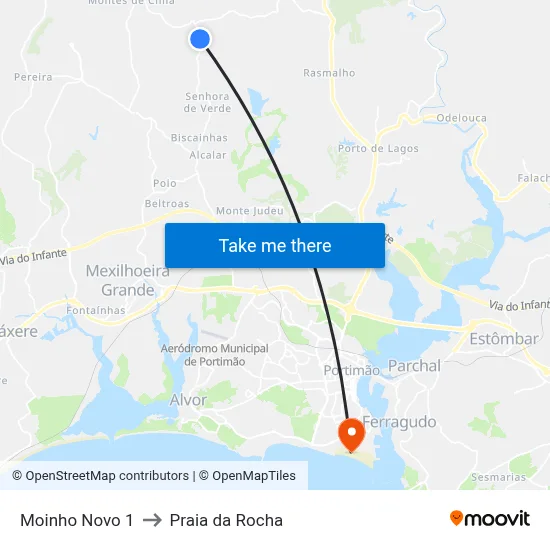 Moinho Novo 1 to Praia da Rocha map