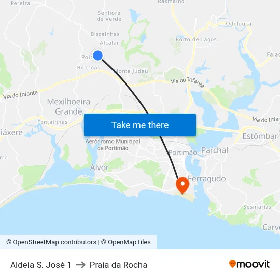 Aldeia S. José 1 to Praia da Rocha map