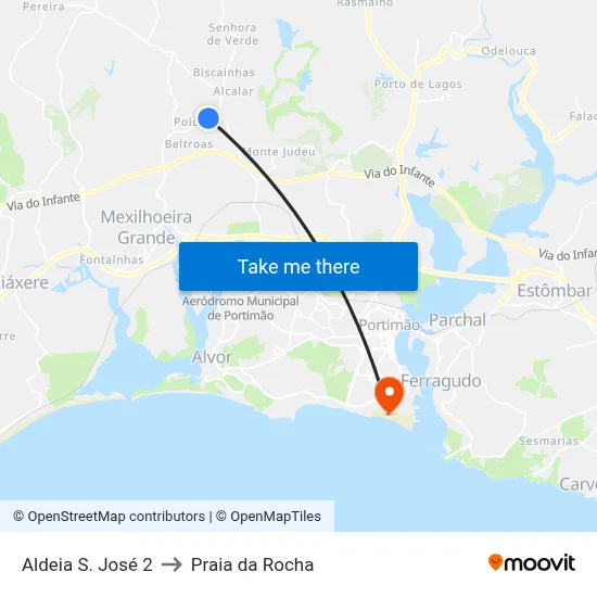 Aldeia S. José 2 to Praia da Rocha map