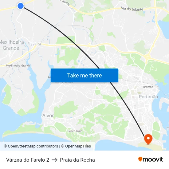 Várzea do Farelo 2 to Praia da Rocha map