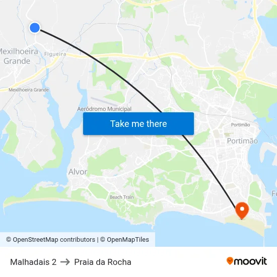 Malhadais 2 to Praia da Rocha map