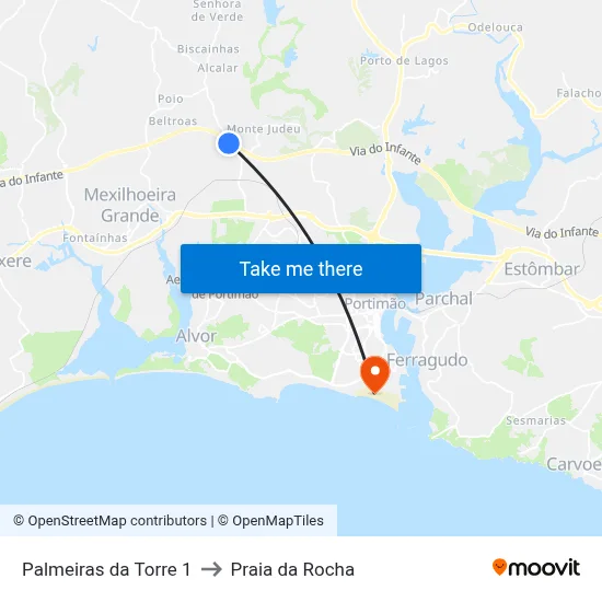 Palmeiras da Torre 1 to Praia da Rocha map