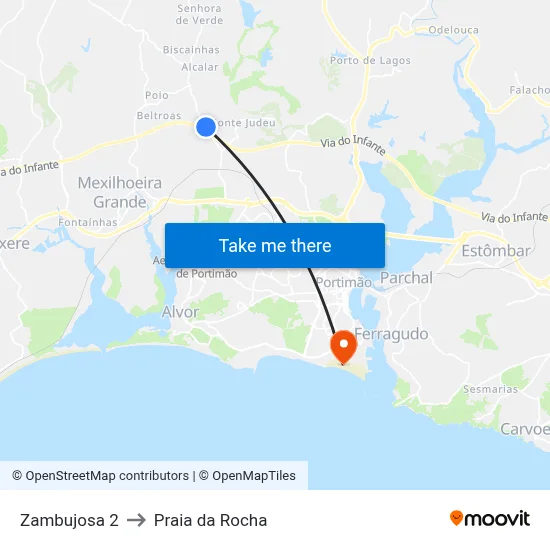 Zambujosa 2 to Praia da Rocha map