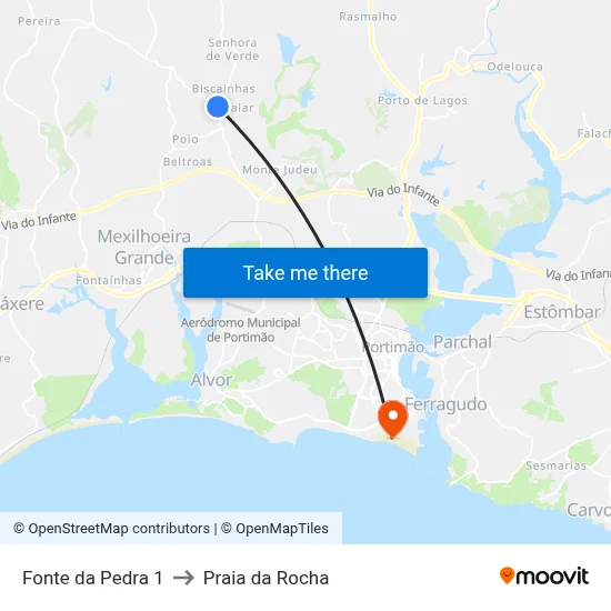 Fonte da Pedra 1 to Praia da Rocha map