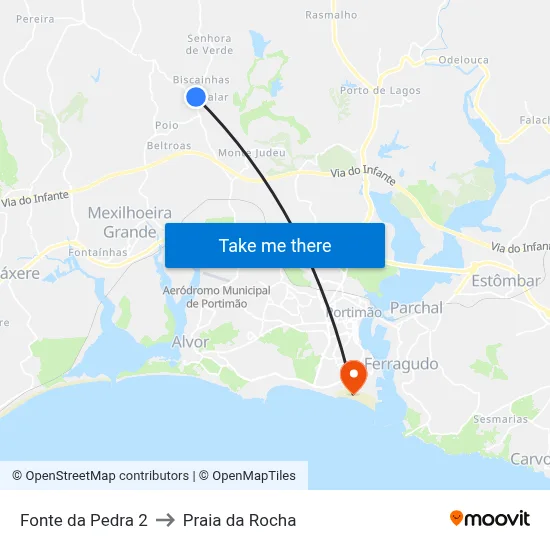 Fonte da Pedra 2 to Praia da Rocha map