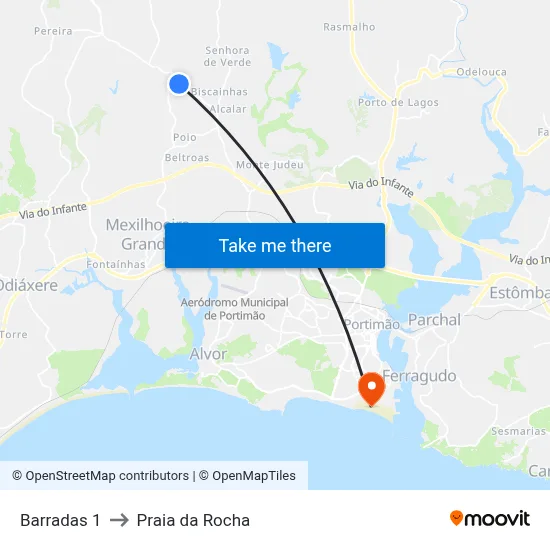 Barradas 1 to Praia da Rocha map
