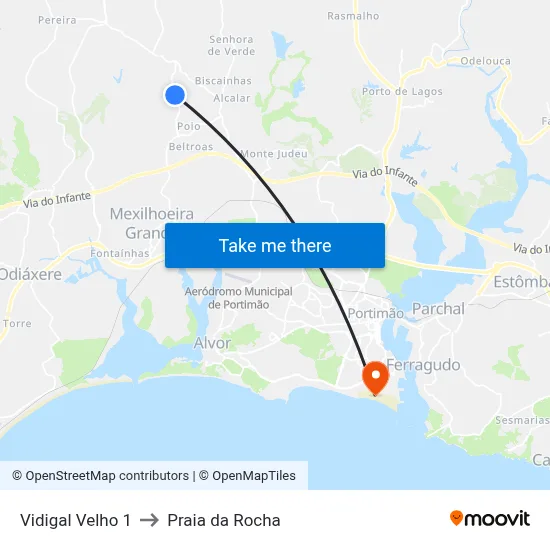 Vidigal Velho 1 to Praia da Rocha map