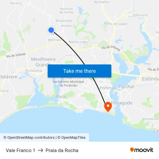 Vale Franco 1 to Praia da Rocha map