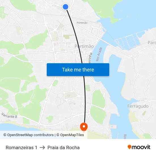 Romanzeiras 1 to Praia da Rocha map