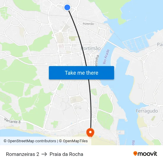 Romanzeiras 2 to Praia da Rocha map