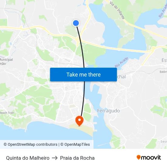 Quinta do Malheiro to Praia da Rocha map