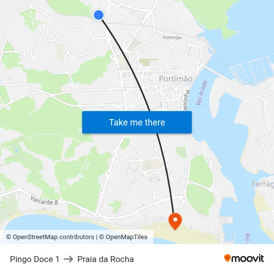 Pingo Doce 1 to Praia da Rocha map