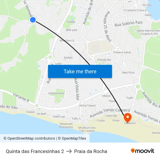 Quinta das Francesinhas 2 to Praia da Rocha map