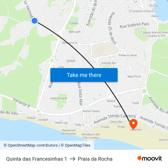 Quinta das Francesinhas 1 to Praia da Rocha map