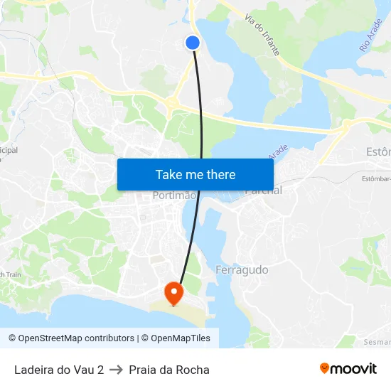 Ladeira do Vau 2 to Praia da Rocha map