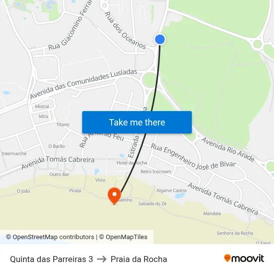 Quinta das Parreiras 3 to Praia da Rocha map