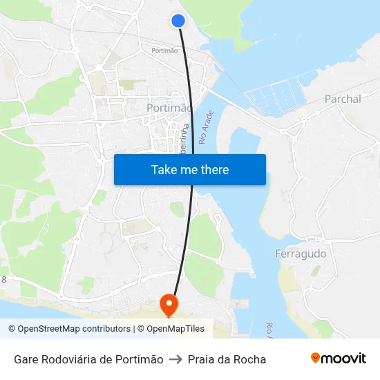 Gare Rodoviária de Portimão to Praia da Rocha map