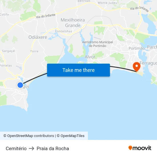 Cemitério to Praia da Rocha map