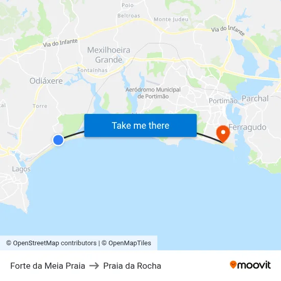 Forte da Meia Praia to Praia da Rocha map