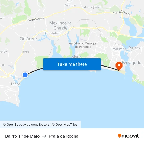 Bairro 1º de Maio to Praia da Rocha map