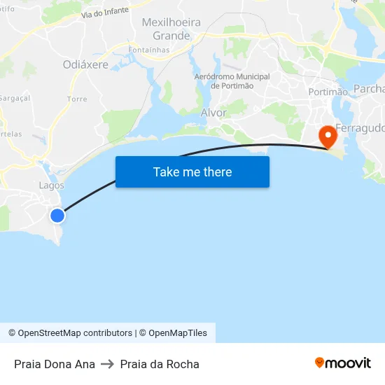 Praia Dona Ana to Praia da Rocha map