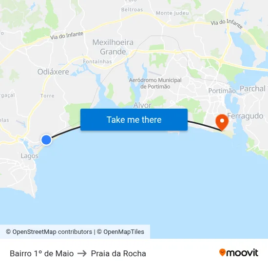 Bairro 1º de Maio to Praia da Rocha map