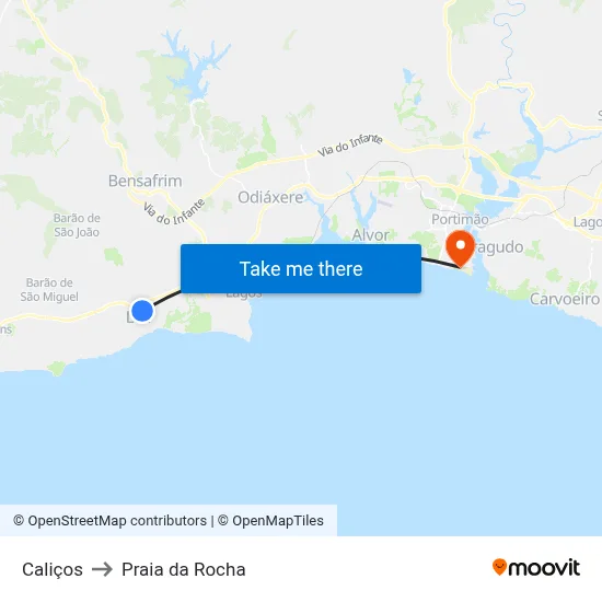 Caliços to Praia da Rocha map