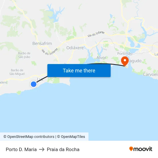Porto D. Maria to Praia da Rocha map