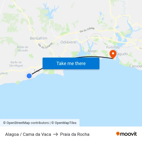 Alagoa / Cama da Vaca to Praia da Rocha map