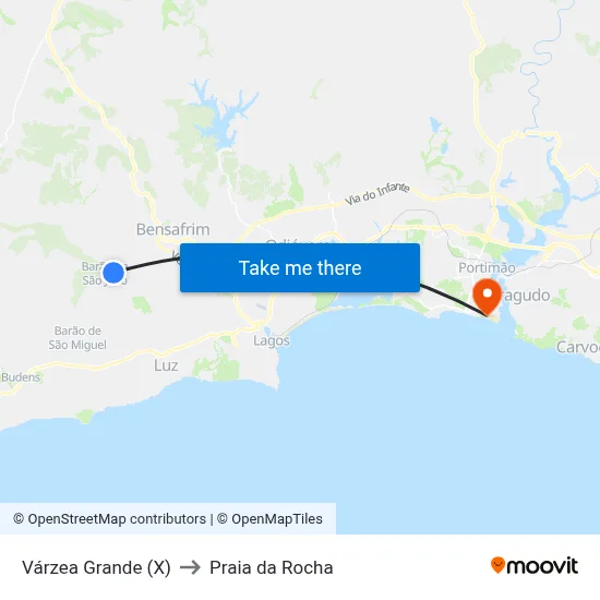 Várzea Grande (X) to Praia da Rocha map