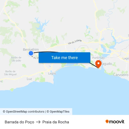 Barrada do Poço to Praia da Rocha map