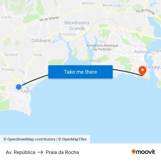 Av. República to Praia da Rocha map