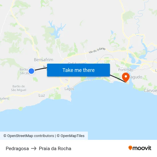 Pedragosa to Praia da Rocha map