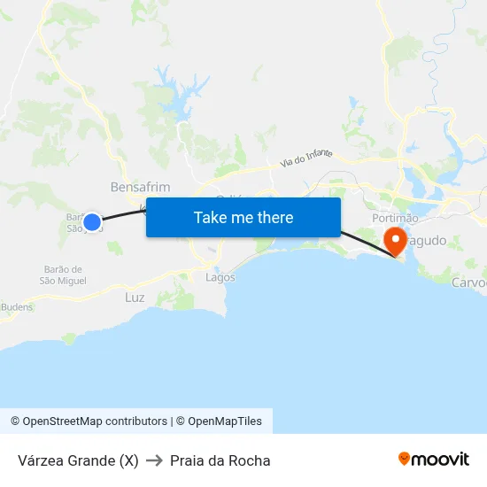 Várzea Grande (X) to Praia da Rocha map