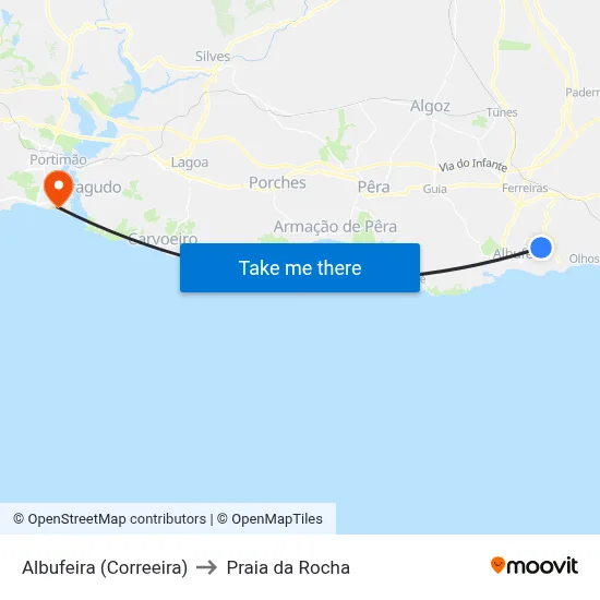 Albufeira (Correeira) to Praia da Rocha map