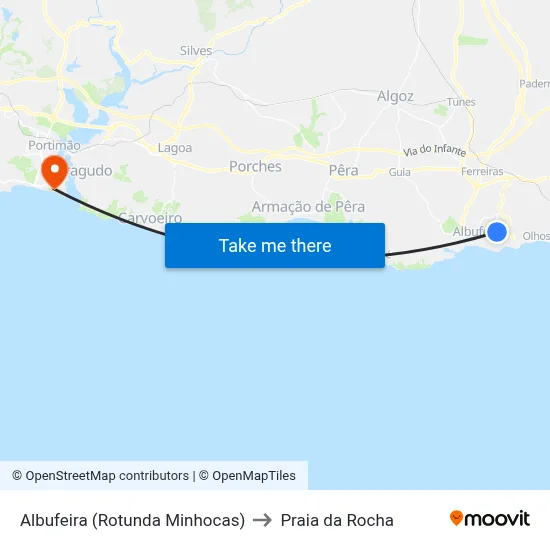 Albufeira (Rotunda Minhocas) to Praia da Rocha map