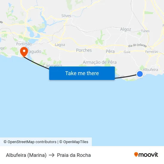 Albufeira (Marina) to Praia da Rocha map