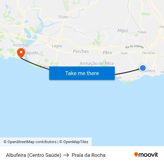 Albufeira (Centro Saúde) to Praia da Rocha map