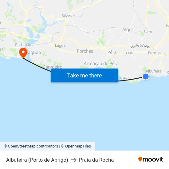 Albufeira (Porto de Abrigo) to Praia da Rocha map