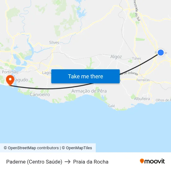 Paderne (Centro Saúde) to Praia da Rocha map