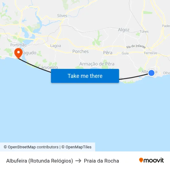 Albufeira (Rotunda Relógios) to Praia da Rocha map