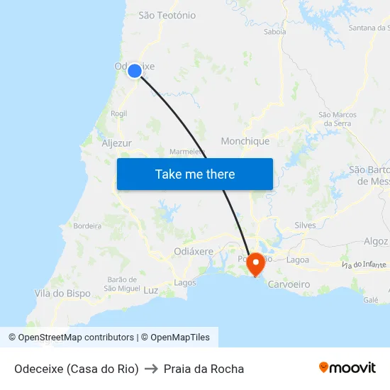 Odeceixe (Casa do Rio) to Praia da Rocha map