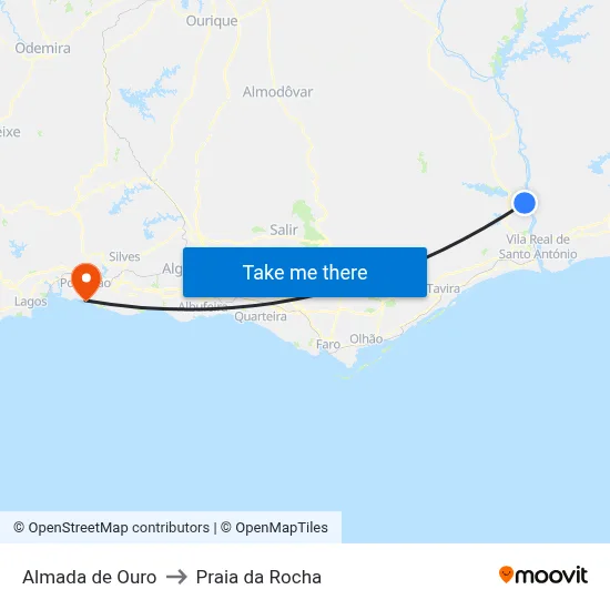 Almada de Ouro to Praia da Rocha map