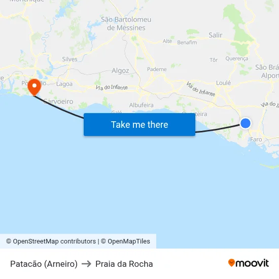 Patacão (Arneiro) to Praia da Rocha map