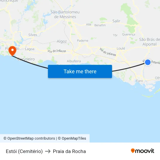 Estói (Cemitério) to Praia da Rocha map