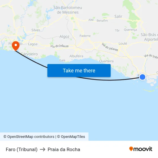 Faro (Tribunal) to Praia da Rocha map
