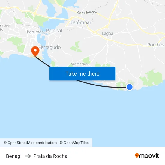 Benagil to Praia da Rocha map