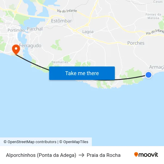 Alporchinhos (Ponta da Adega) to Praia da Rocha map