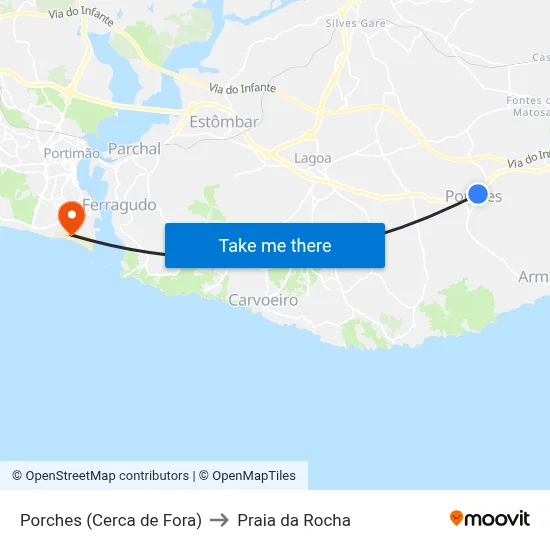 Porches (Cerca de Fora) to Praia da Rocha map